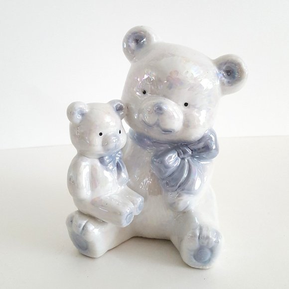 Baby Shower Nursery Decor Blue and White Opalescent Ceramic Teddy Bear **READ - Picture 1 of 5
